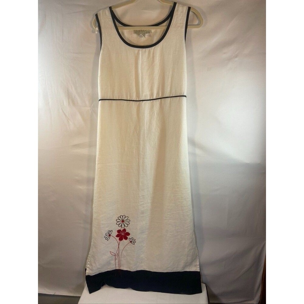 NORTON MCNAUGHTON SZ LARGE 100% LININ WHITE BLACK TRIM MIDI DRESS TIE BACK